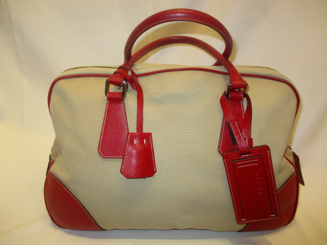 Prada-Rosso Cinghi Leather & Canapa Canvas Bowler Bag